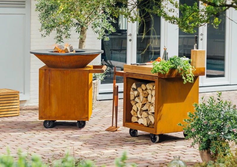 OFYR Mise en Place Table Corten 65 PRO (előkészítő pult) - Teakfa munkafelület